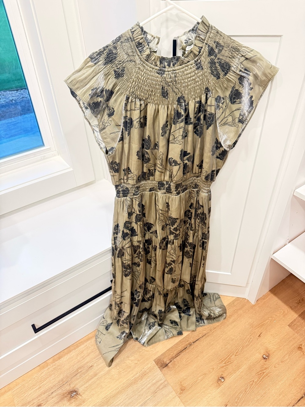 AUREUM Olive Green Floral Smocked Midi Dress